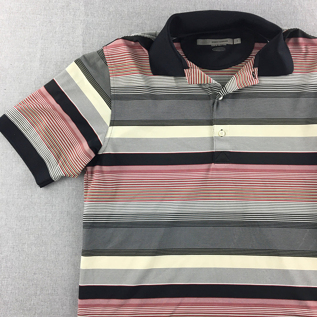 Greg Norman Mens Golf Shirt Size L Pink Black Striped Collared Polo Rugby