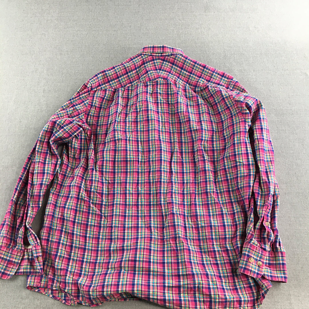 Charles Tyrwhitt Mens Linen Shirt Size M Pink Classic Fit Checkered Button-Up