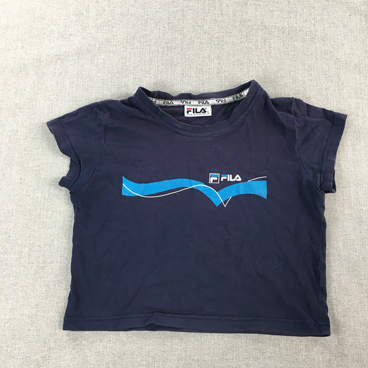 Vintage FILA Womens T-Shirt Size S Blue Cropped Short Sleeve Logo Top