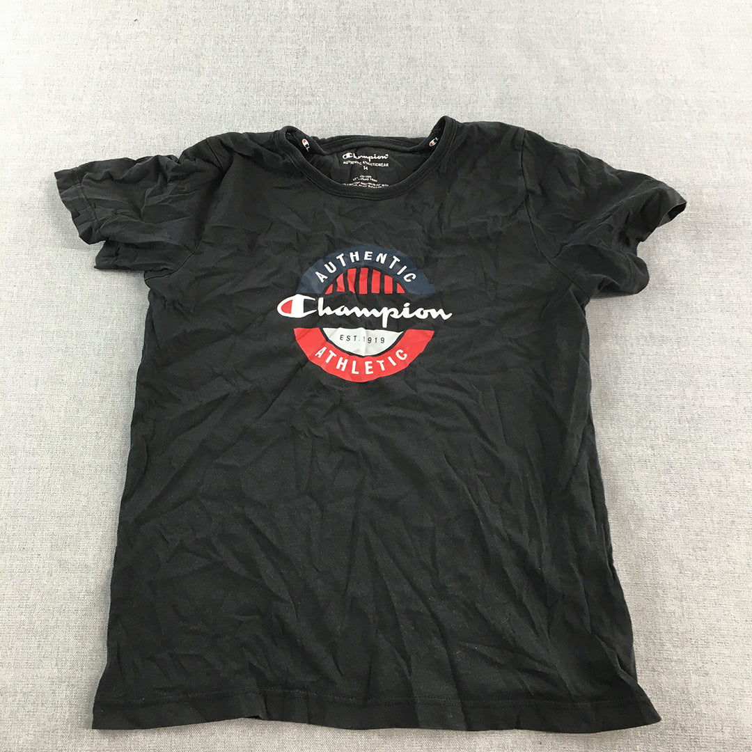 Champion Kids Girls T-Shirt Size 14 Black Big Logo Crew Neck Top