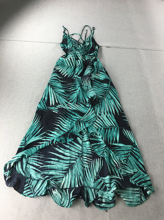 Wayne Cooper Womens Dress Size 8 Green Blue Palm A-Line Sleeveless Midi