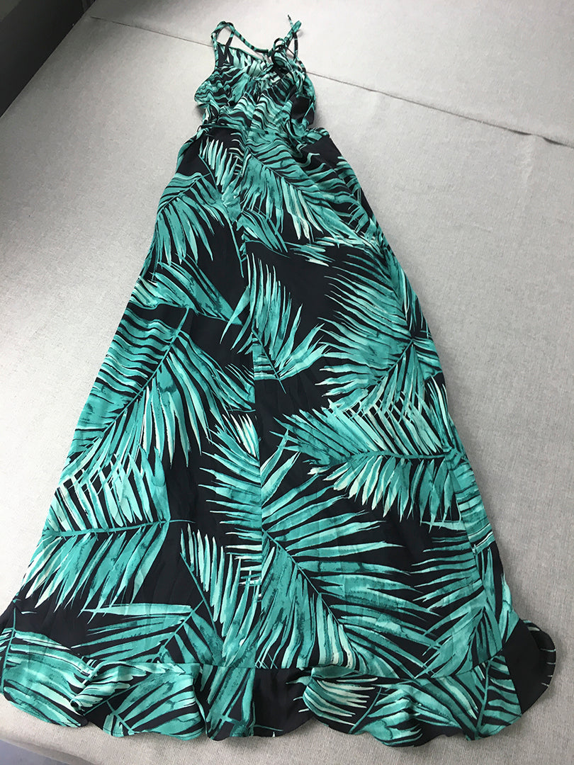 Wayne Cooper Womens Dress Size 8 Green Blue Palm A-Line Sleeveless Midi