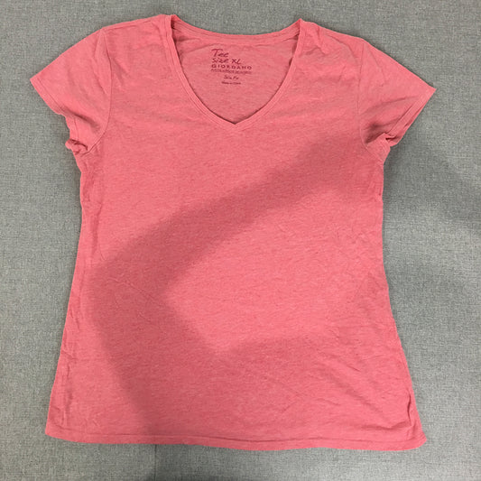 Giordano Womens T-Shirt Size XL Slim Fit Pink V-Neck Short Sleeve Top