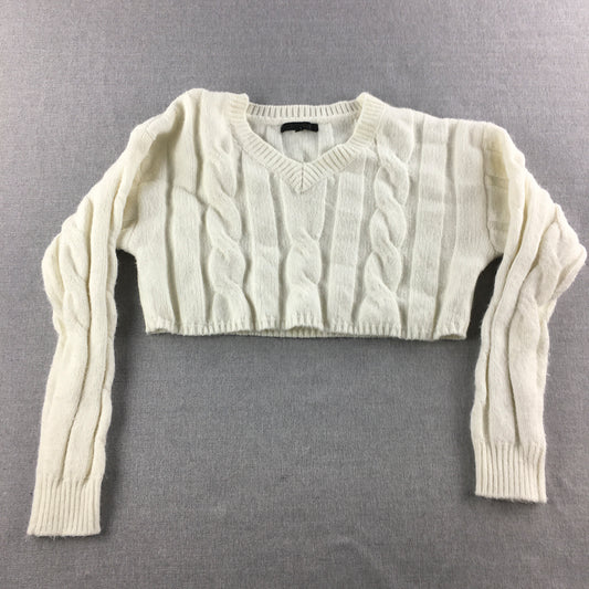 Ava & Ever Womens Cable Knit Sweater Size 12 White V-Neck Pullover Jumper