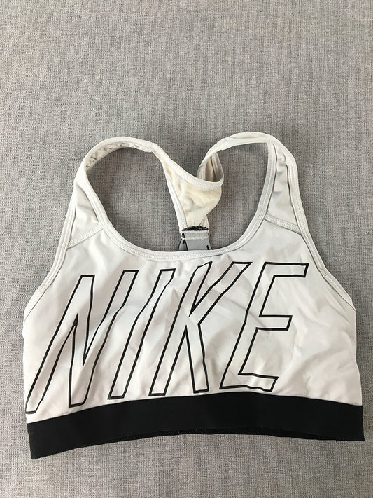 Nike Womens Sports Bra Size S White Big Logo Sleeveless Activewear Gym Top