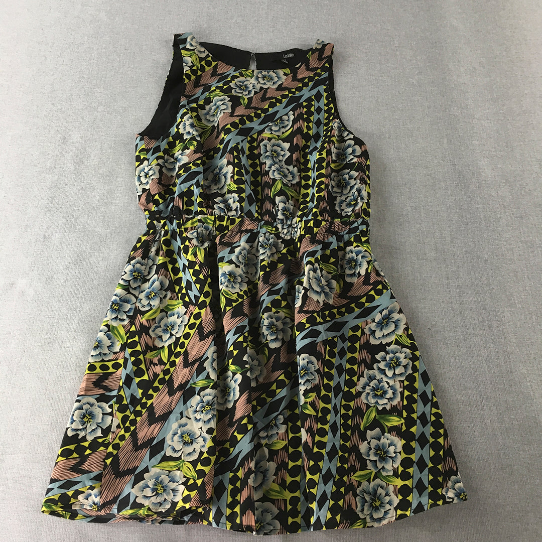 Ladakh Womens Mini Dress Size 6 US Black Yellow Floral Sleeveless Fit Flare