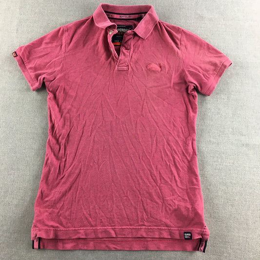 Superdry Mens Polo Shirt Size S Slim Fit Pink Short Sleeve Logo Collared Rugby