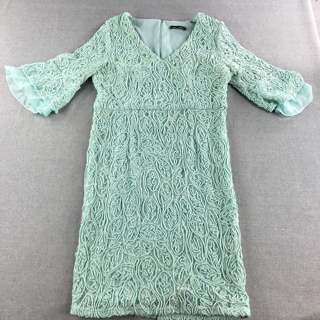 Mei Mei Womens Dress Size 18 Blue Short Sleeve Floral Lace V-Neck Midi