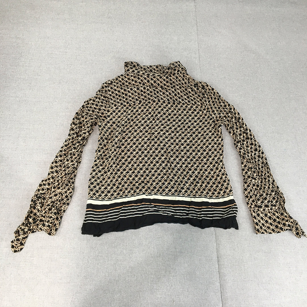 H&M Womens Shirt Size 4 Gold Black Baroque Long Sleeve Button-Up