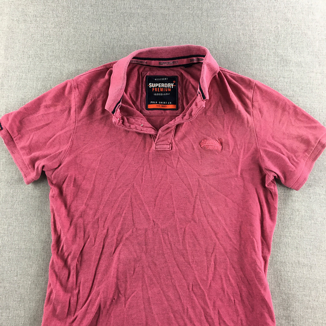 Superdry Mens Polo Shirt Size S Slim Fit Pink Short Sleeve Logo Collared Rugby