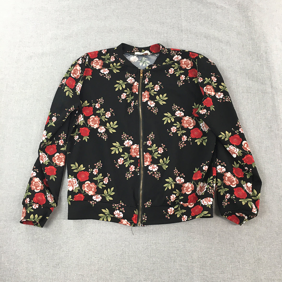 Malibu Womens Jacket Size 10 Black Floral Bomber Zip-Up Coat