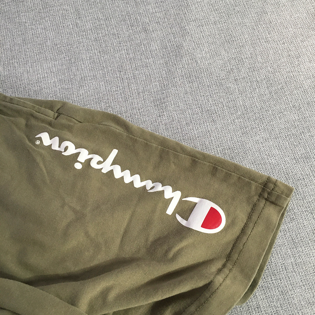 Champion Kids Boys Shorts Size 12 Khaki Green Big Logo Elastic Waist Pockets