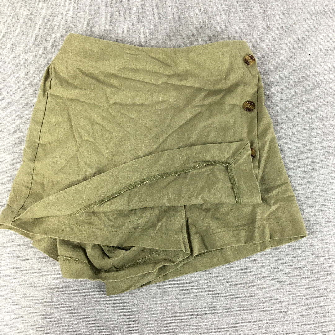 Showpo Womens Linen Skort Size 8 Green Mini Skirt Shorts Lined Button