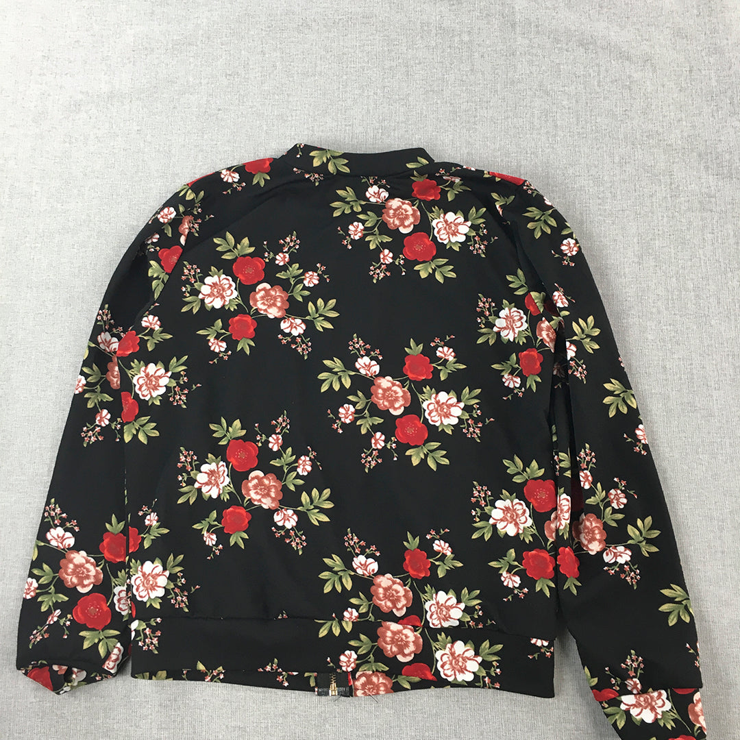 Malibu Womens Jacket Size 10 Black Floral Bomber Zip-Up Coat