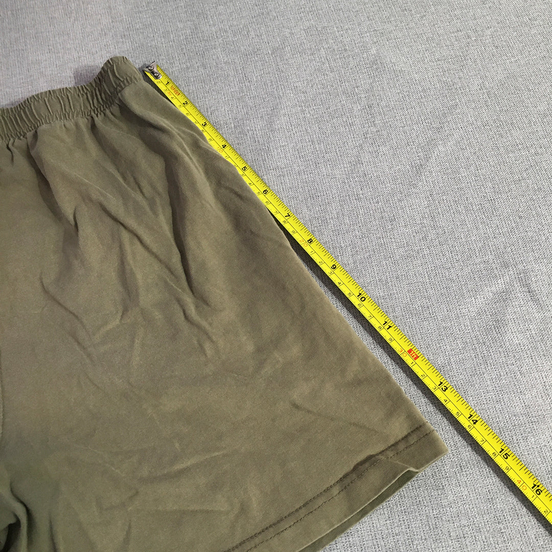 Champion Kids Boys Shorts Size 12 Khaki Green Big Logo Elastic Waist Pockets