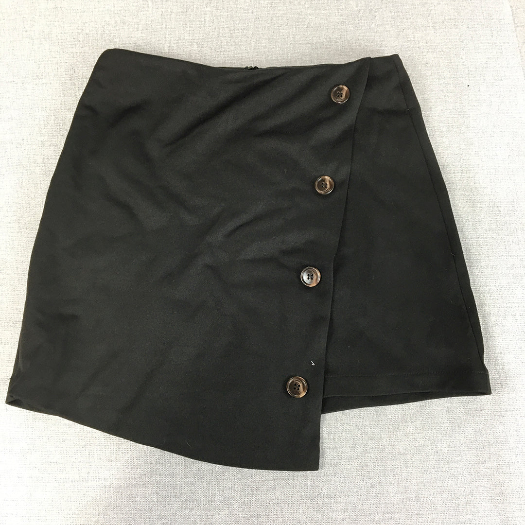 Showpo Womens Mini Skirt Size 8 Black Button Asymmetrical Hem