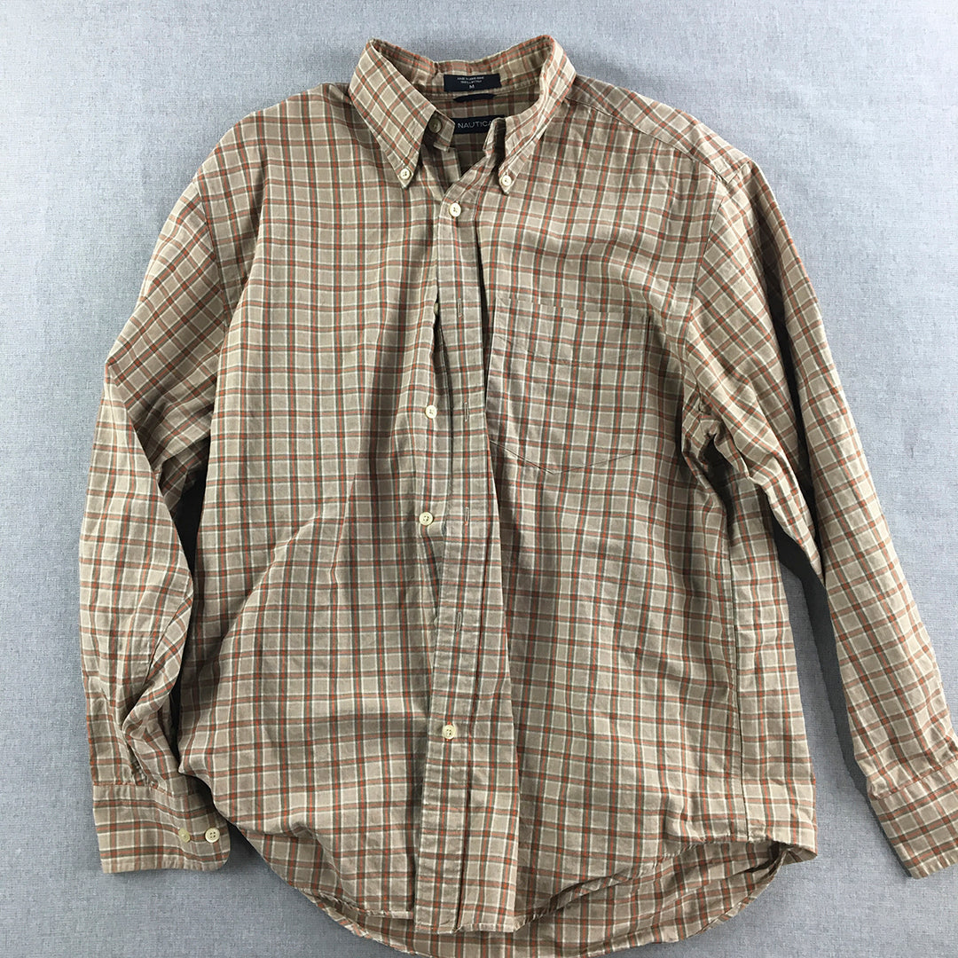 Nautica Mens Shirt Size M Brown Checkered Long Sleeve Button-Up Collared