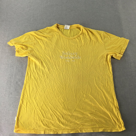 Stussy Mens T-Shirt Size L Yellow Big Embroidered Logo Short Sleeve Tee