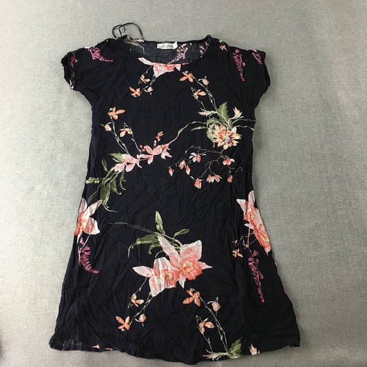 St Frock Womens Mini Dress Size 8 Navy Blue Floral 100% Rayon Short Sleeve