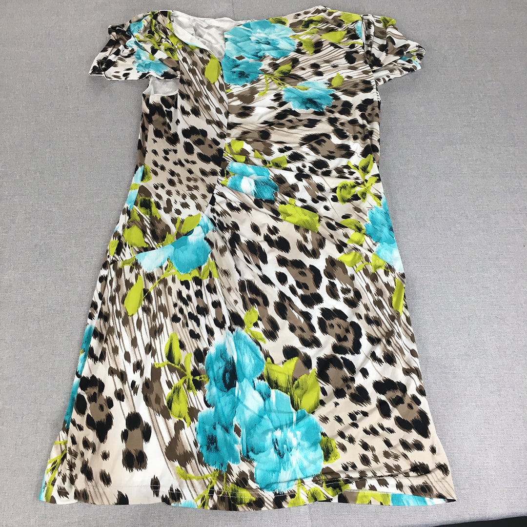 Chelsea Womens Mini Dress Size 16 Brown Blue Floral Cheetah Print A-Line