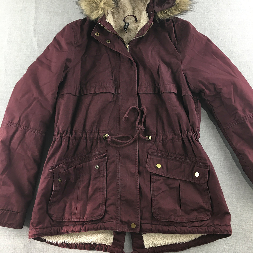 H&M Womens Parka Jacket Size 8 Purple Hooded Zip-Up Coat