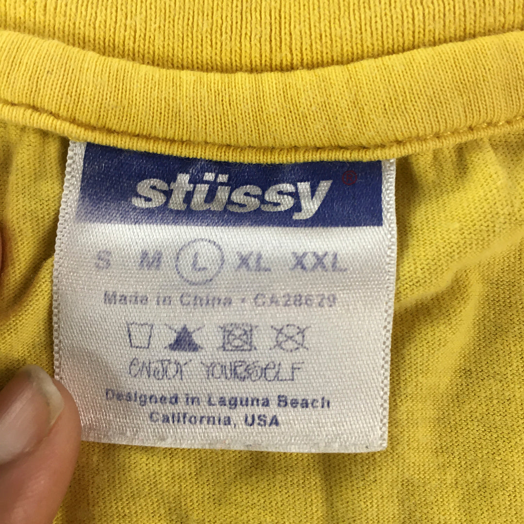 Stussy Mens T-Shirt Size L Yellow Big Embroidered Logo Short Sleeve Tee