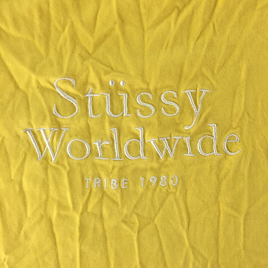 Stussy Mens T-Shirt Size L Yellow Big Embroidered Logo Short Sleeve Tee