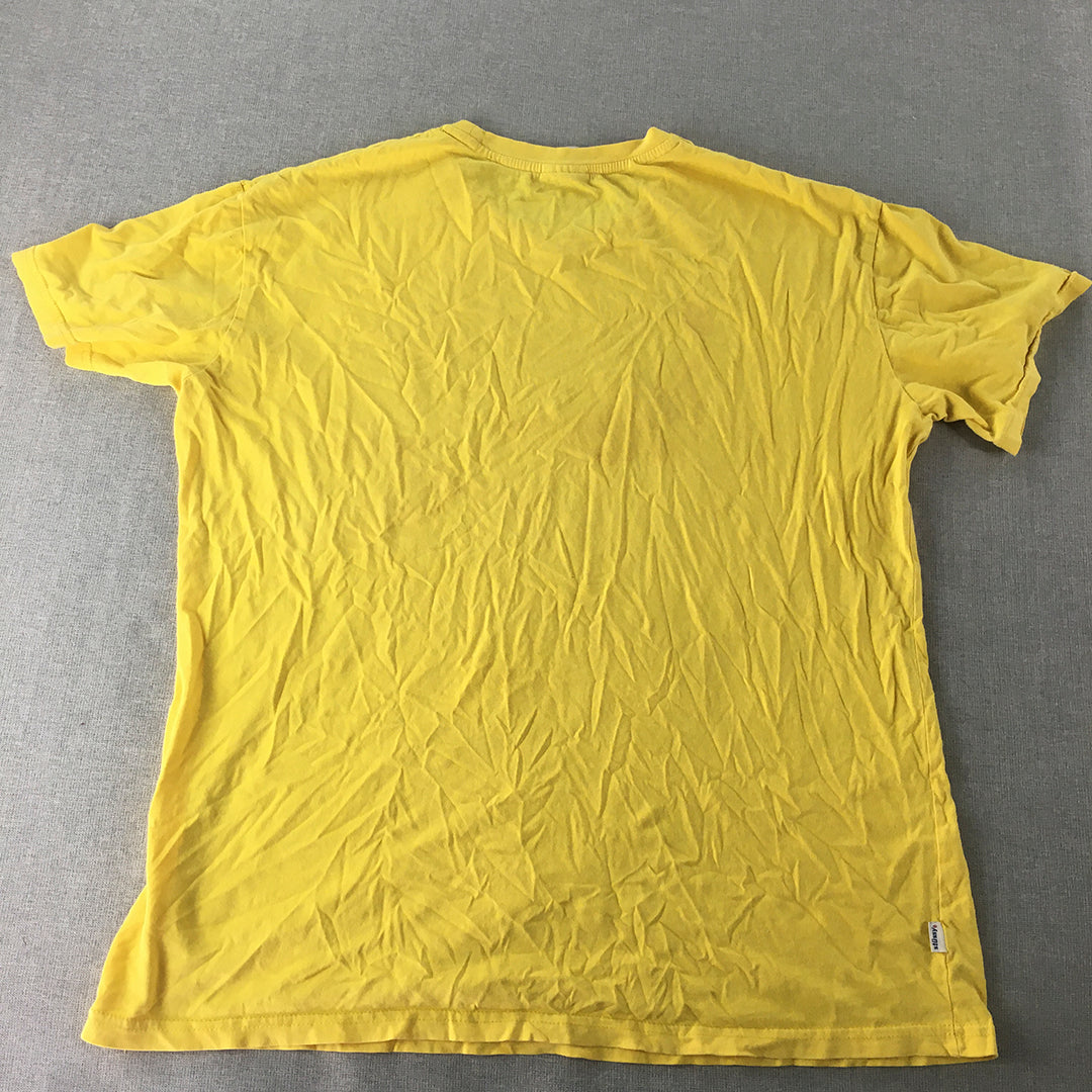 Stussy Mens T-Shirt Size L Yellow Big Embroidered Logo Short Sleeve Tee