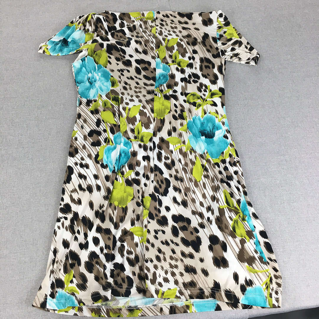 Chelsea Womens Mini Dress Size 16 Brown Blue Floral Cheetah Print A-Line