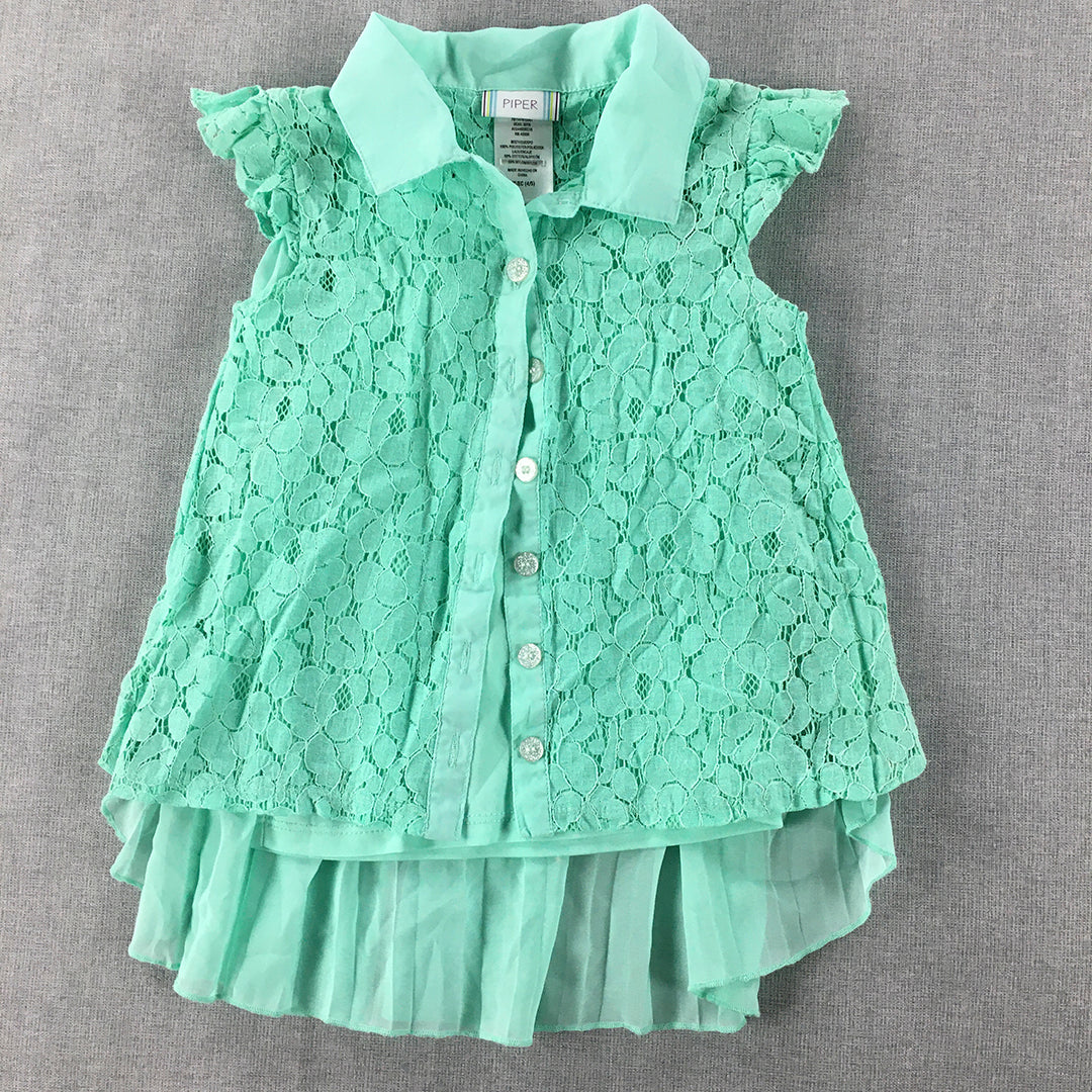 Piper Kids Girls Top Size XS (4 - 5 Years) Green Floral Lace Button-Up Shirt