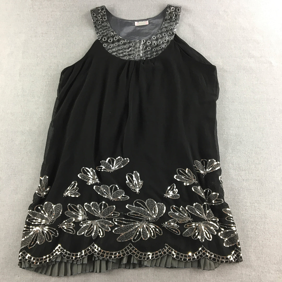 J&L Womens Mini Dress Size M Black & Silver Buttlerfly Sequin Sleeveless Pleated