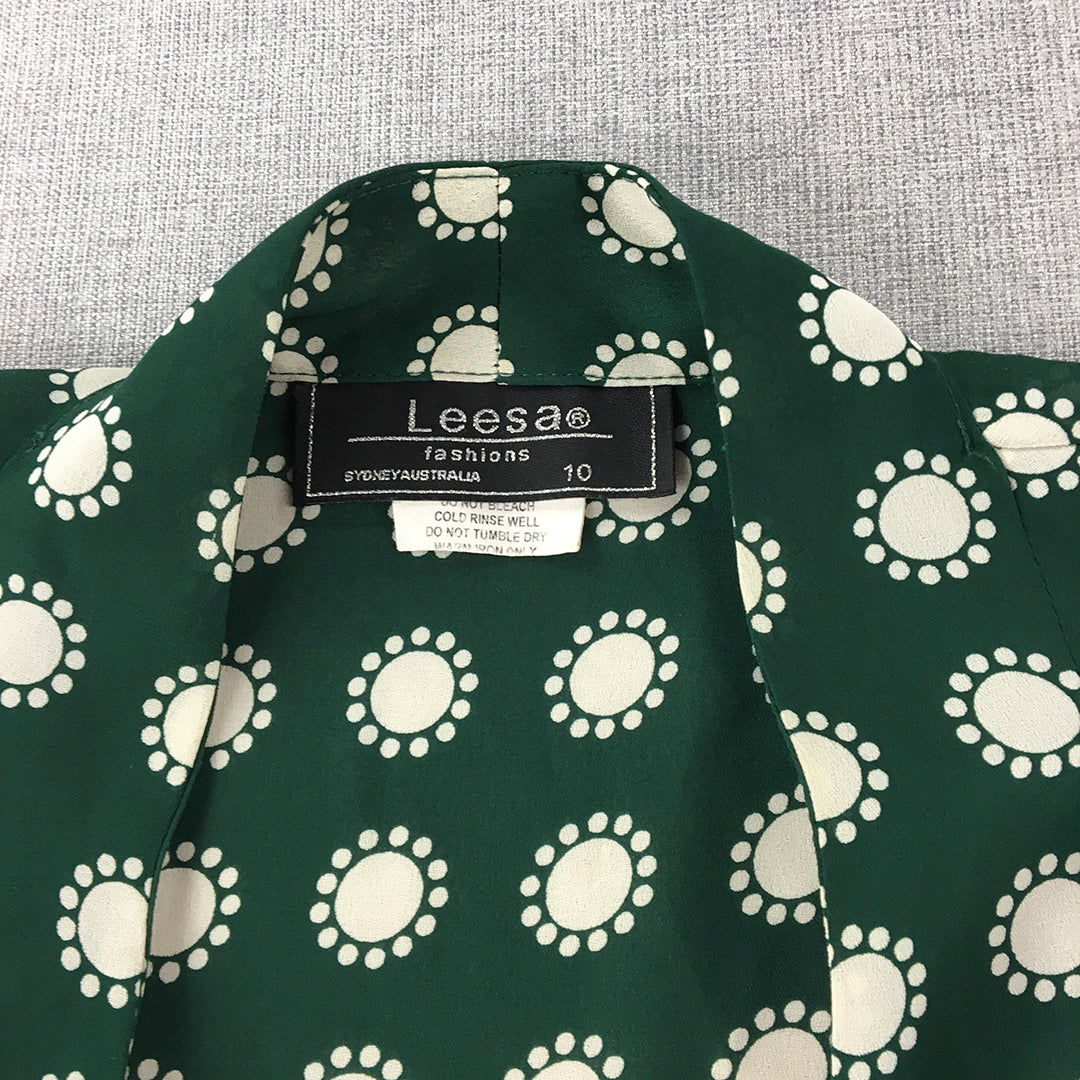 Vintage Leesa Fashions Womens Shirt Size 10 Green Dot Button-Up Long Sleeve