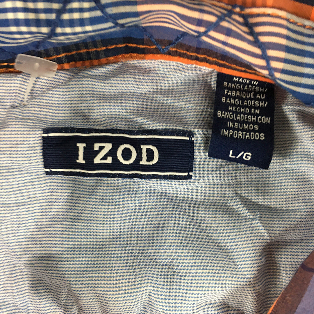 Izod Mens Shirt Size L Orange Checkered Long Sleeve Button-Up