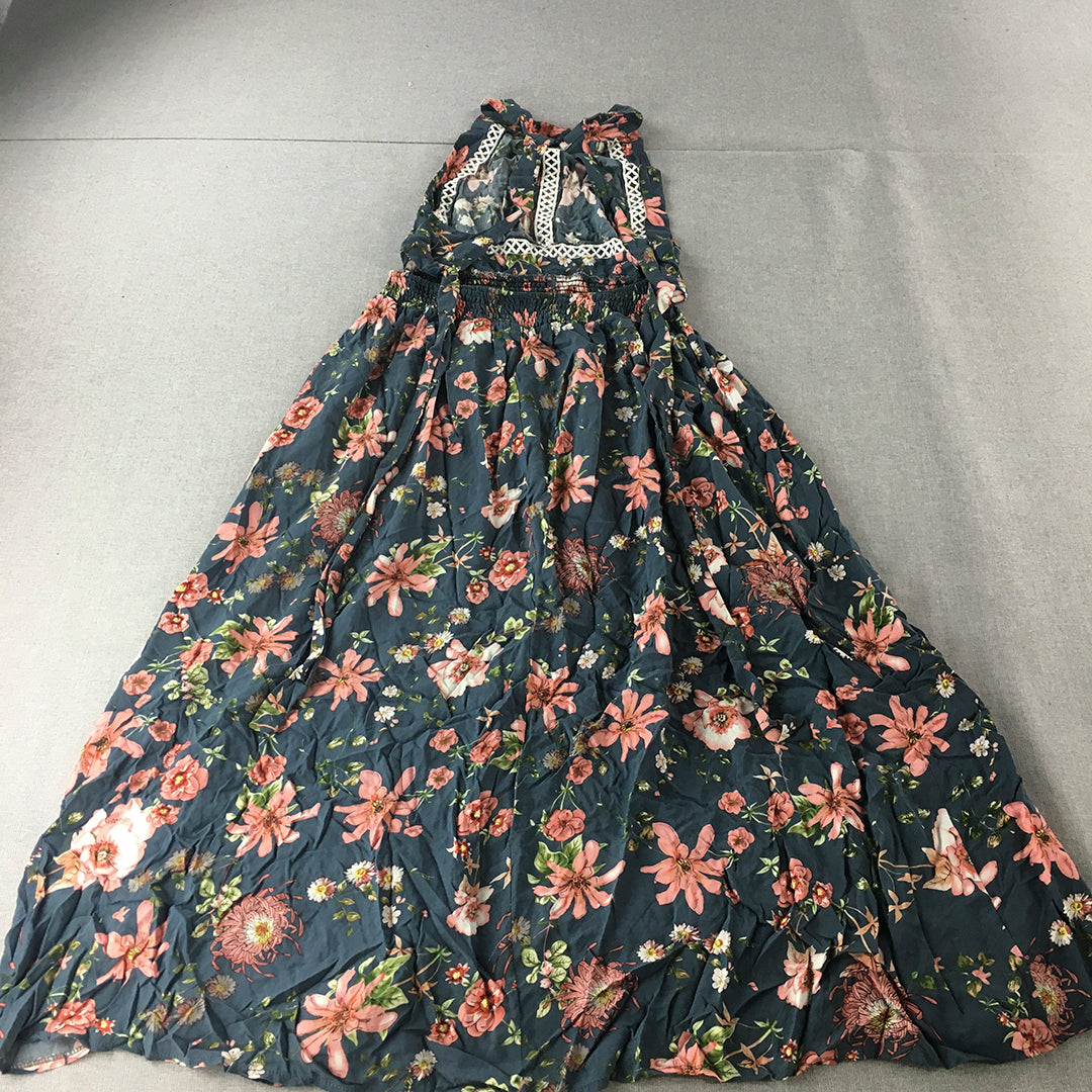 Miracle Womens Sundress Size 10 Blue Pink Floral A-Line Pleated Midi