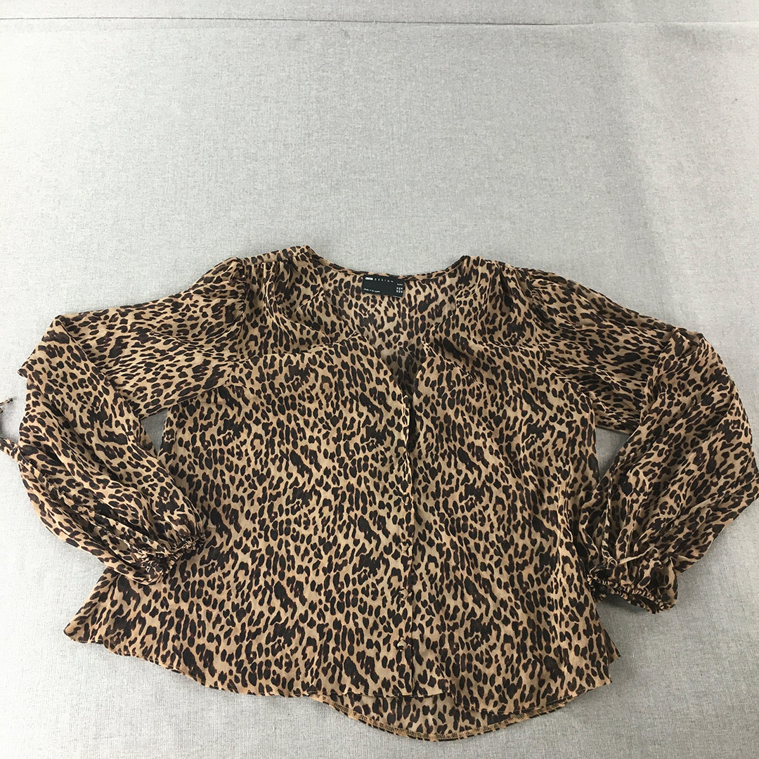 Asos Design Womens Top Size 14 Brown Cheetah Print Button-Up Shirt