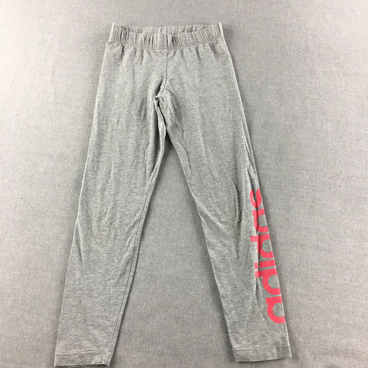 Adidas Kids Girls Leggings Size 9 - 10 Years Grey Pink Logo Tracksuit Jogger