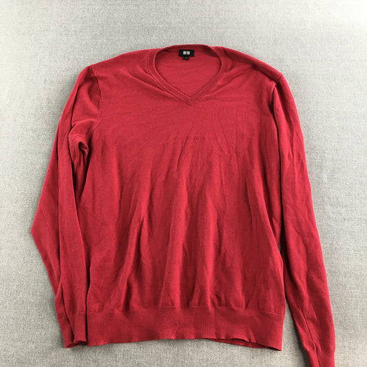 Uniqlo Womens Knit Sweater Size L Red V-Neck Pullover Jumper