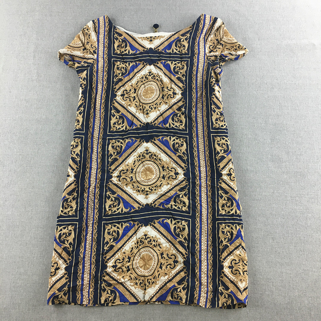 Forever New Womens Silk Top Size 10 Gold Blue Baroque Short Sleeve Blouse