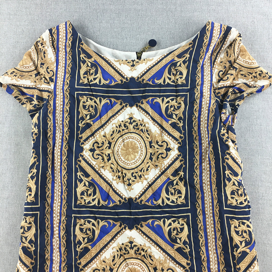 Forever New Womens Silk Top Size 10 Gold Blue Baroque Short Sleeve Blouse