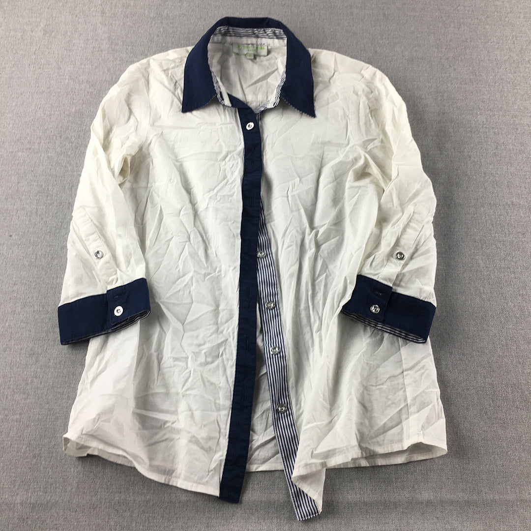Trent Nathan Sport Womens Shirt Size 8 White Button-Up 3/4 Length Sleeves