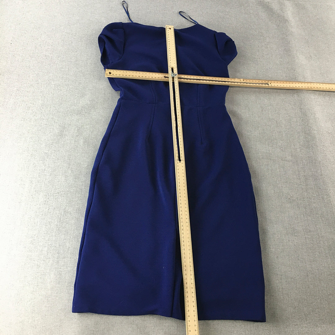 Diana Ferrari Womens Pencil Dress Size 8 Blue Short Sleeve Midi Pleated