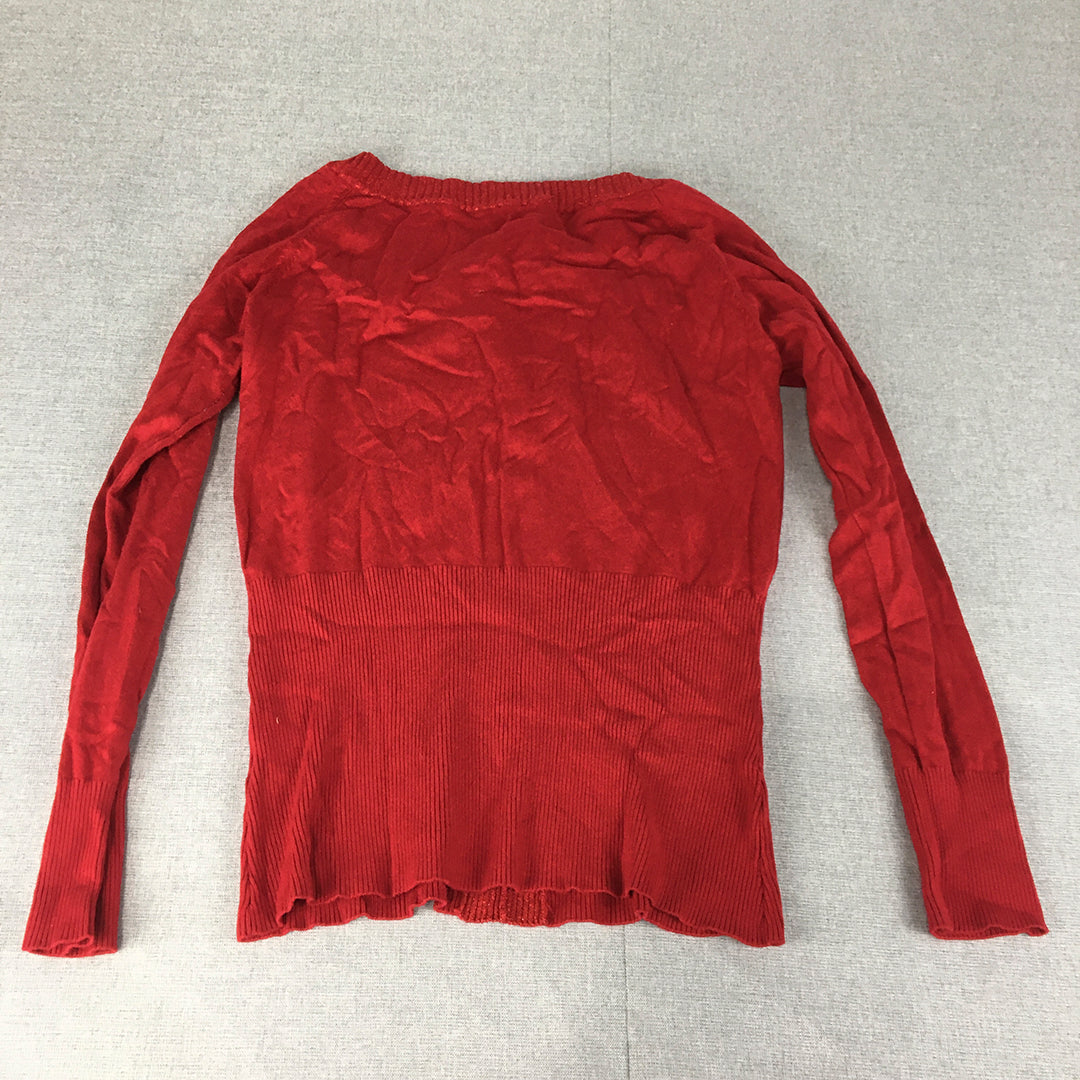 Queenspark Womens Knit Sweater Size L Red Button Collar Pullover Jumper