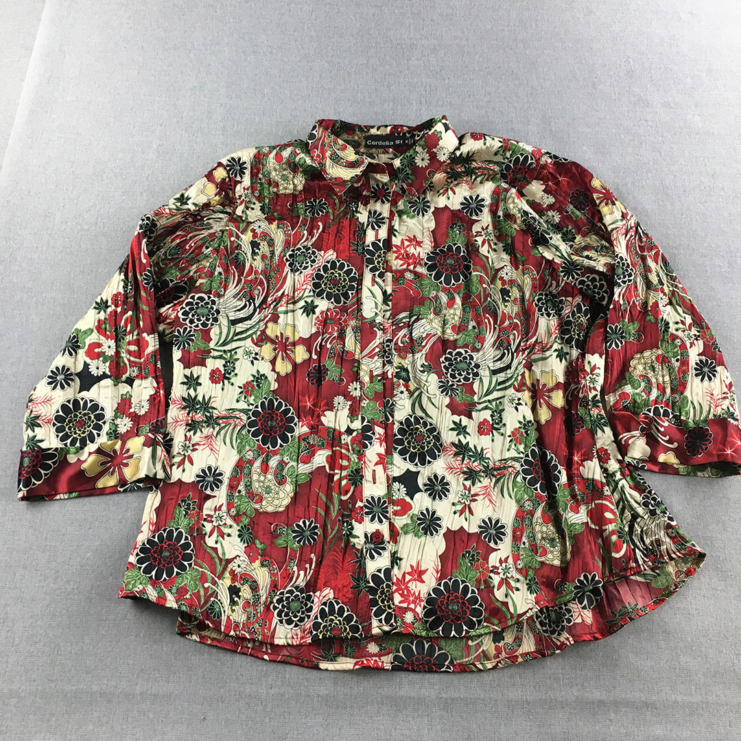 Cordelia St Womens Top Size 16 Red Brown Floral Pleated Button-Up Long Sleeve