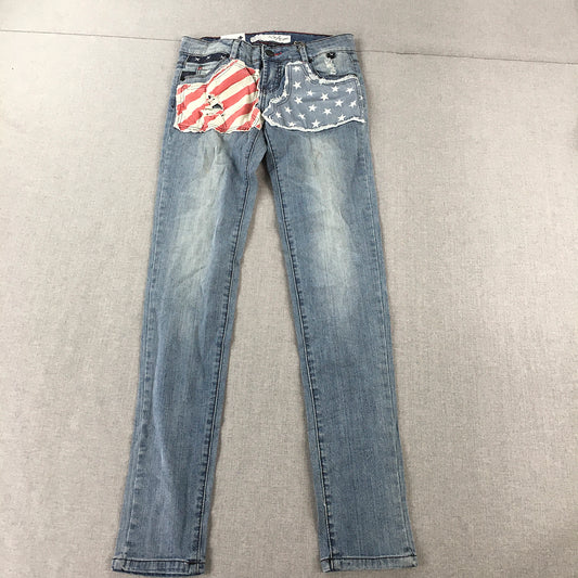 Refuge Womens Jeans Size 11 (W28 x L31) Blue Patchwork Cut & Sew USA Flag