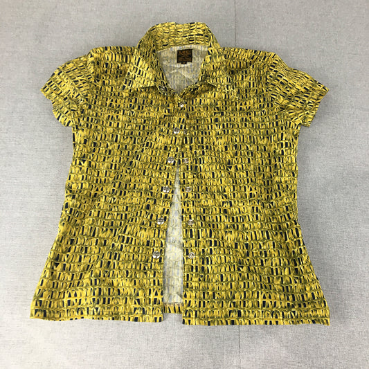 Vintage Lee Womens Shirt Size 12 Yellow Abstract Striped Button-Up Short Sleeve