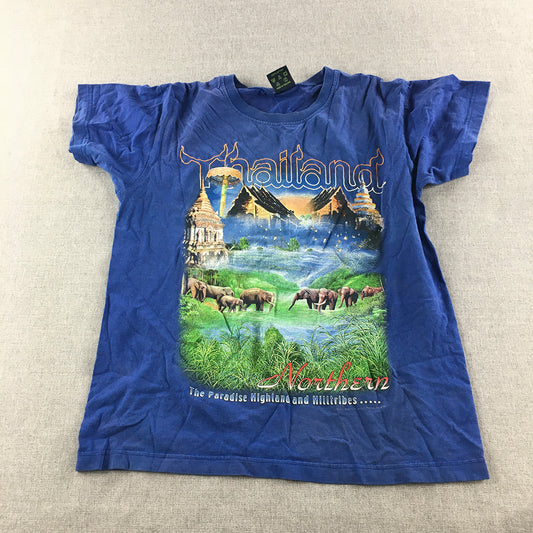 Vintage Northern Thailand Womens T-Shirt Size M Blue Elephants Short Sleeve Top