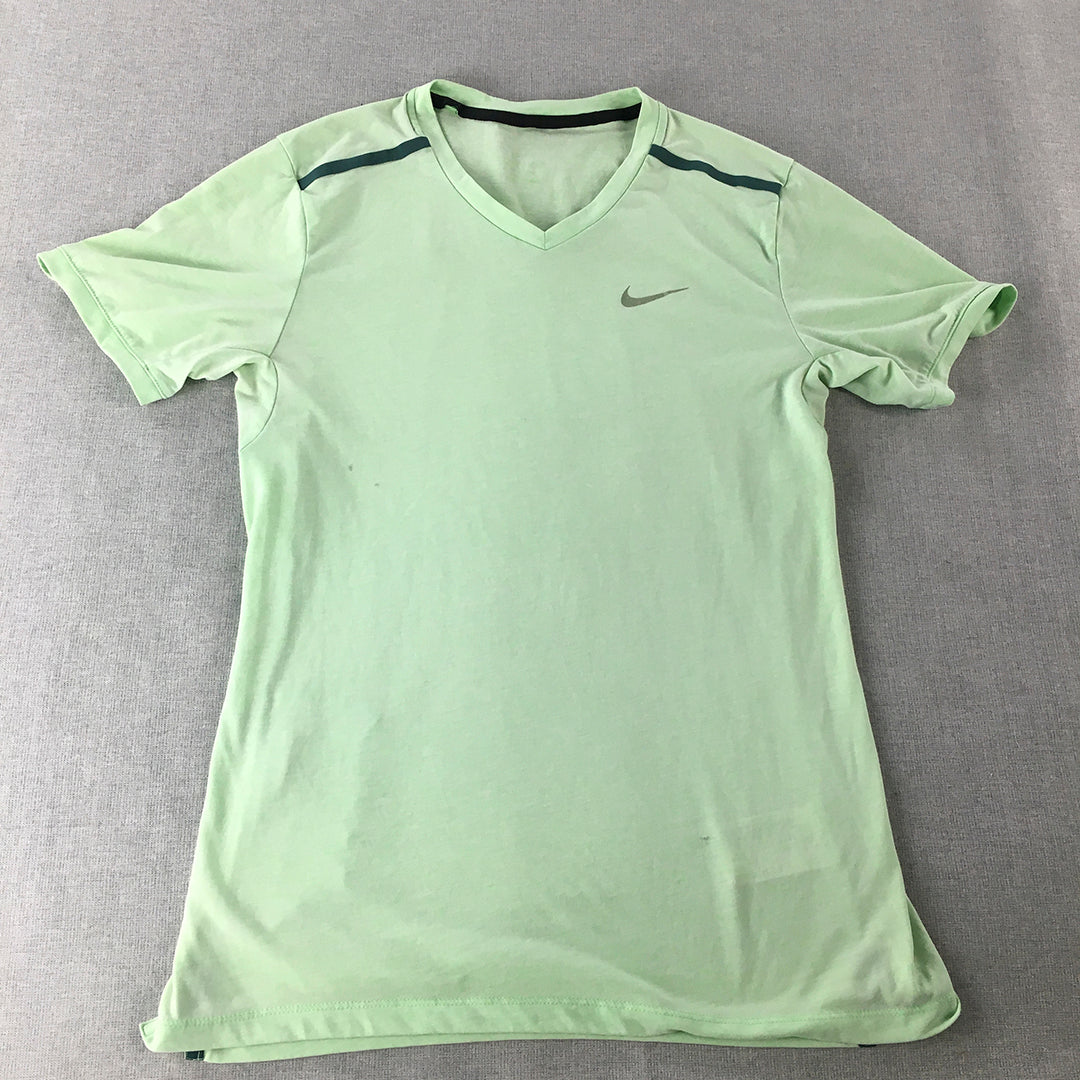 Nike Womens T-Shirt Size S Green Swoosh Logo V-Neck Dri-Fit Top