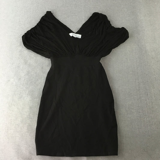 Zara Collection Womens Mini Dress Size M Black Ruched Fit & Flare Short Sleeve