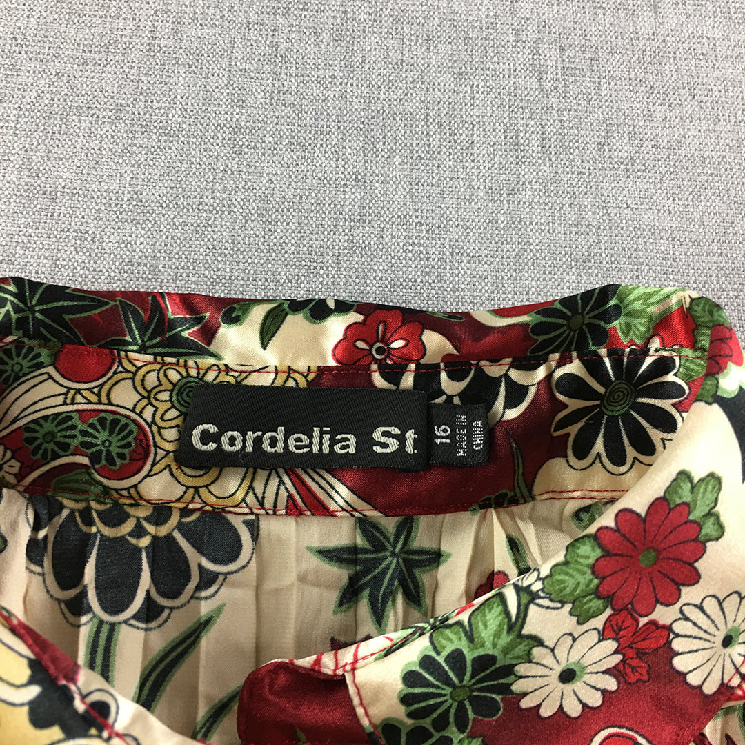 Cordelia St Womens Top Size 16 Red Brown Floral Pleated Button-Up Long Sleeve