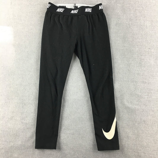 Nike Kids Girls Leggings Size 6 - 7 Years Black Logo Stretch Fabric Pants